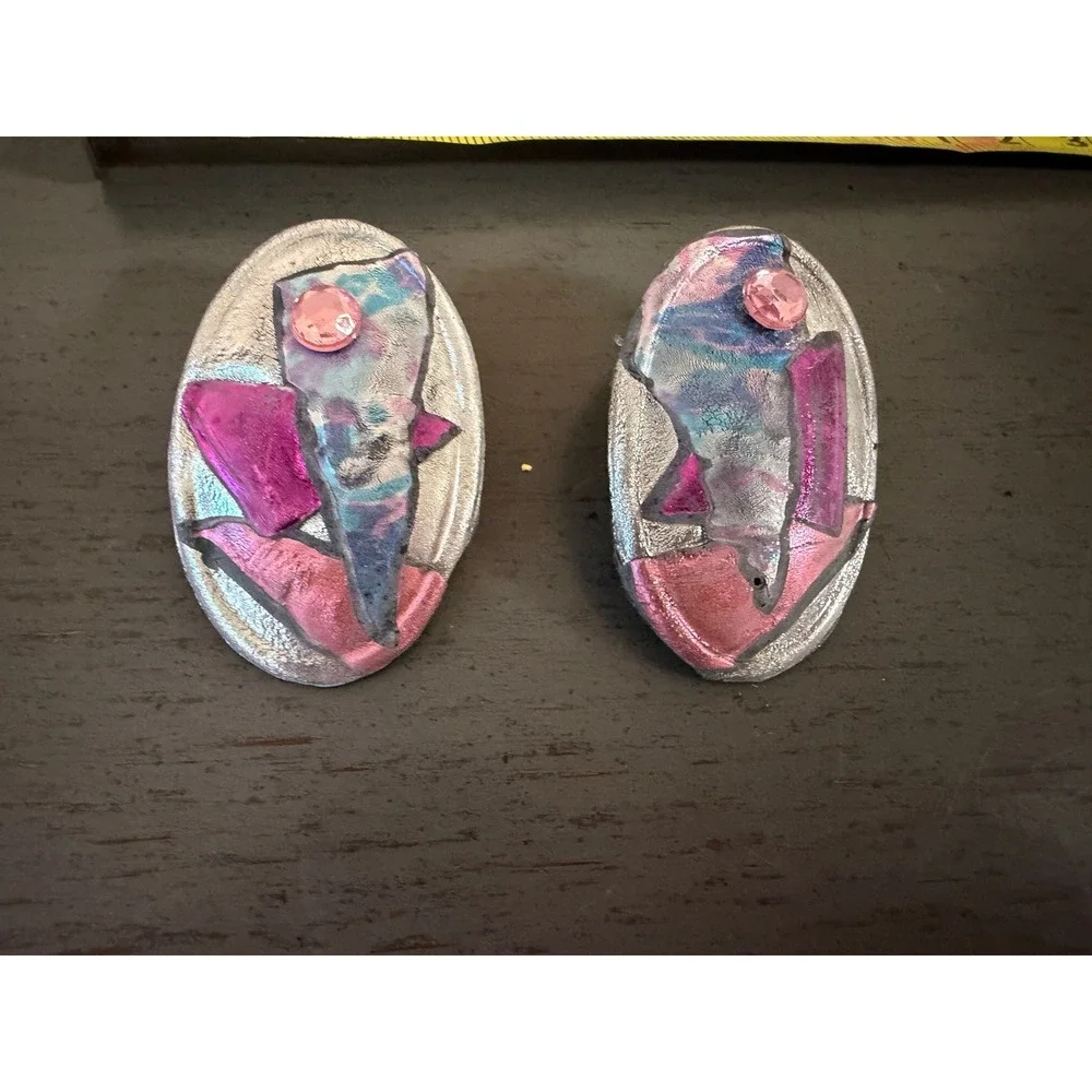 Vintage 80s Abstract Memphis Style Silver Pink Blue Oval Post Earrings Statement